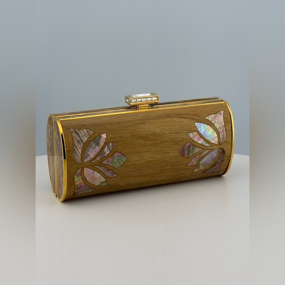 JUDITH LEIBER UNIQUE TINY MINI WOOD ABALONE SHELL PURSE MINAUDIERE BAG COUTURE - Picture 2 of 12